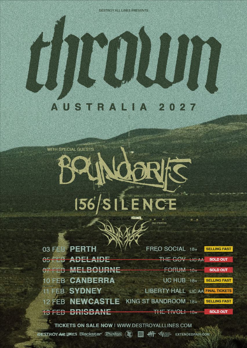 Tour poster for band thrown's Australia 2027 tour featuring guests Boundaries and 156/Silence against a green, hazy landscape background.